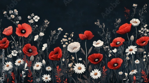 An illustration of a vintage botanical illustration on a dark background. Red and white poppies and daisies fill the arrangement. Use it for interior design, wallpaper, or home decor.