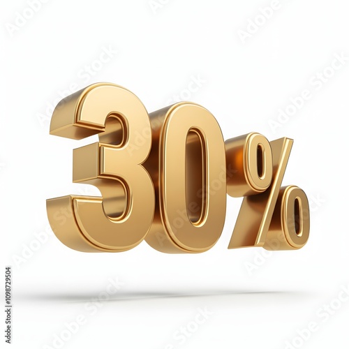 3D bold text reading '30%' with a glossy metallic green finish and soft white highlights, appearing elevated against a pure white background. The numbers are slightly tilted, with a creative percent s photo