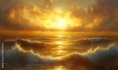 The expansive ocean with golden light reflections dancing on the water