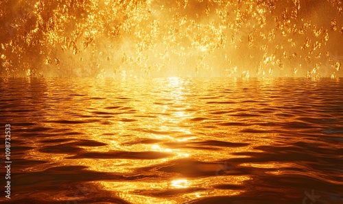 Water surface reflecting the vibrant golden colors of a sunset