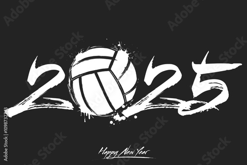 Numbers 2025 and a abstract volleyball ball made of blots in grunge style. Design text logo Happy New Year 2025. Template for greeting card, banner, poster. Vector illustration on isolated backgroundl photo