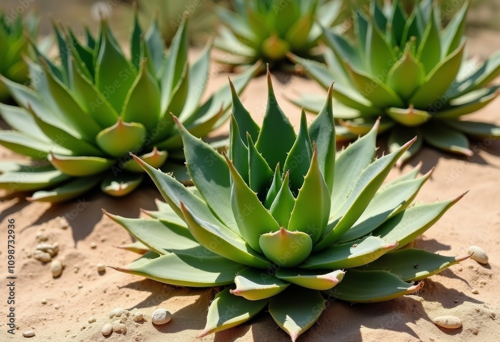 Fototapeta premium Green succulent plants thrive in arid landscape under bright sun in a natural setting