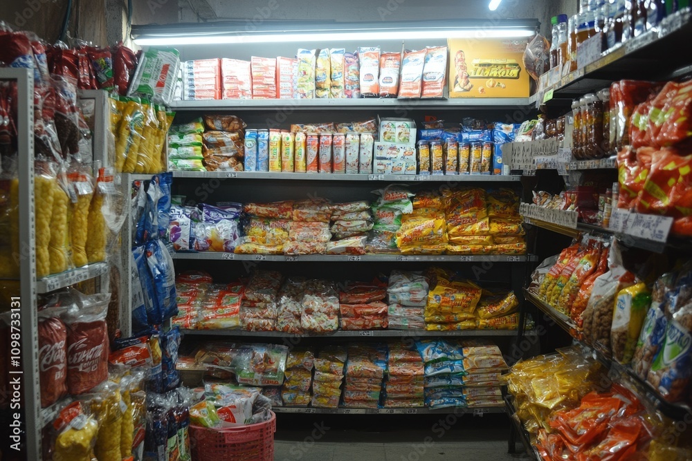 Fototapeta premium Vibrant Selection of Snacks and Soft Drinks Inside a Convenience Store for Sale