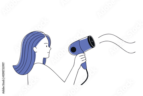 Young woman drying her hair after shower. Vector flat illustration