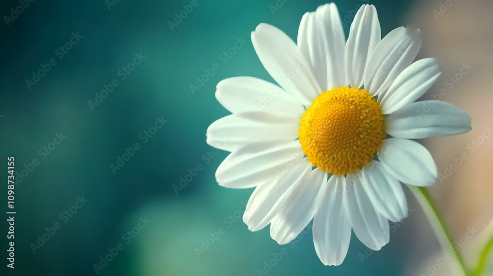 Fototapeta premium A fresh white daisy with a vibrant yellow center set against a teal green blurred background, radiating simplicity and charm.