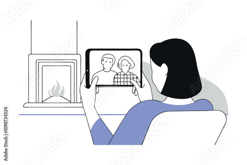 Woman having virtual meeting with family members during video call. Vector flat illustration