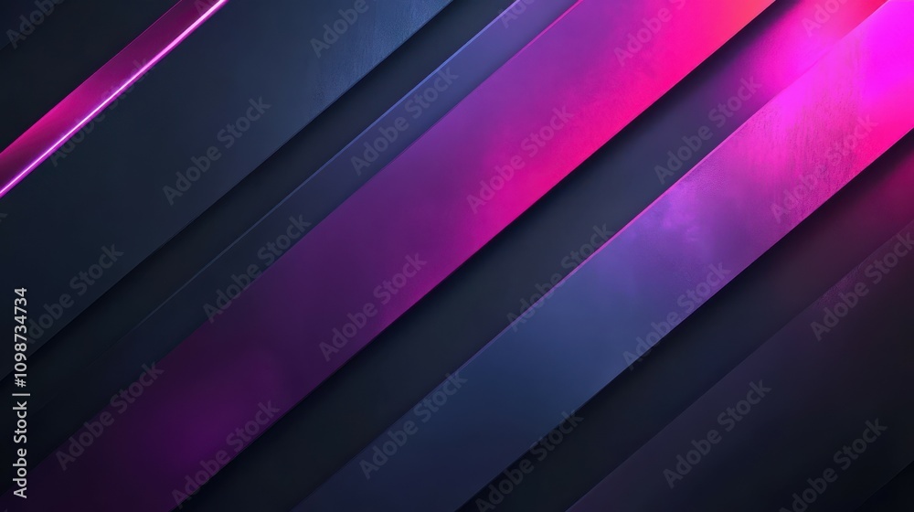 Obraz premium Abstract modern geometric background of metal stripes and neon light. Iridescent ultraviolet futuristic wallpaper