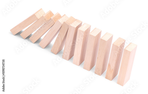 Domino effect. Wooden blocks falling on white background