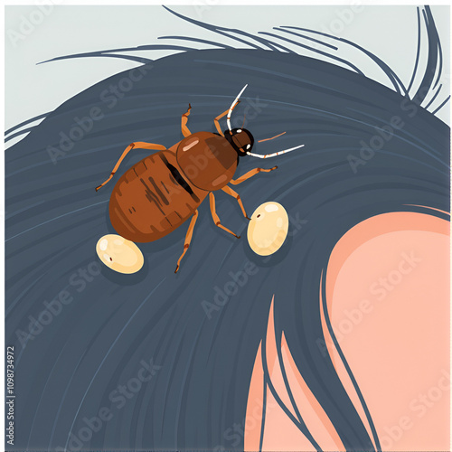 Vector illustration, head lice or Pediculus humanus capitis with eggs stuck to hair.