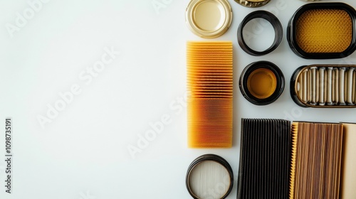 Various car filters are displayed, showcasing oil, air, and fuel types on a light surface, highlighting their different designs and functions. Generative AI photo