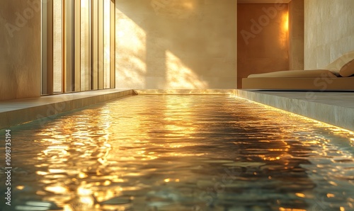 A modern pool with golden light reflecting on its calm water