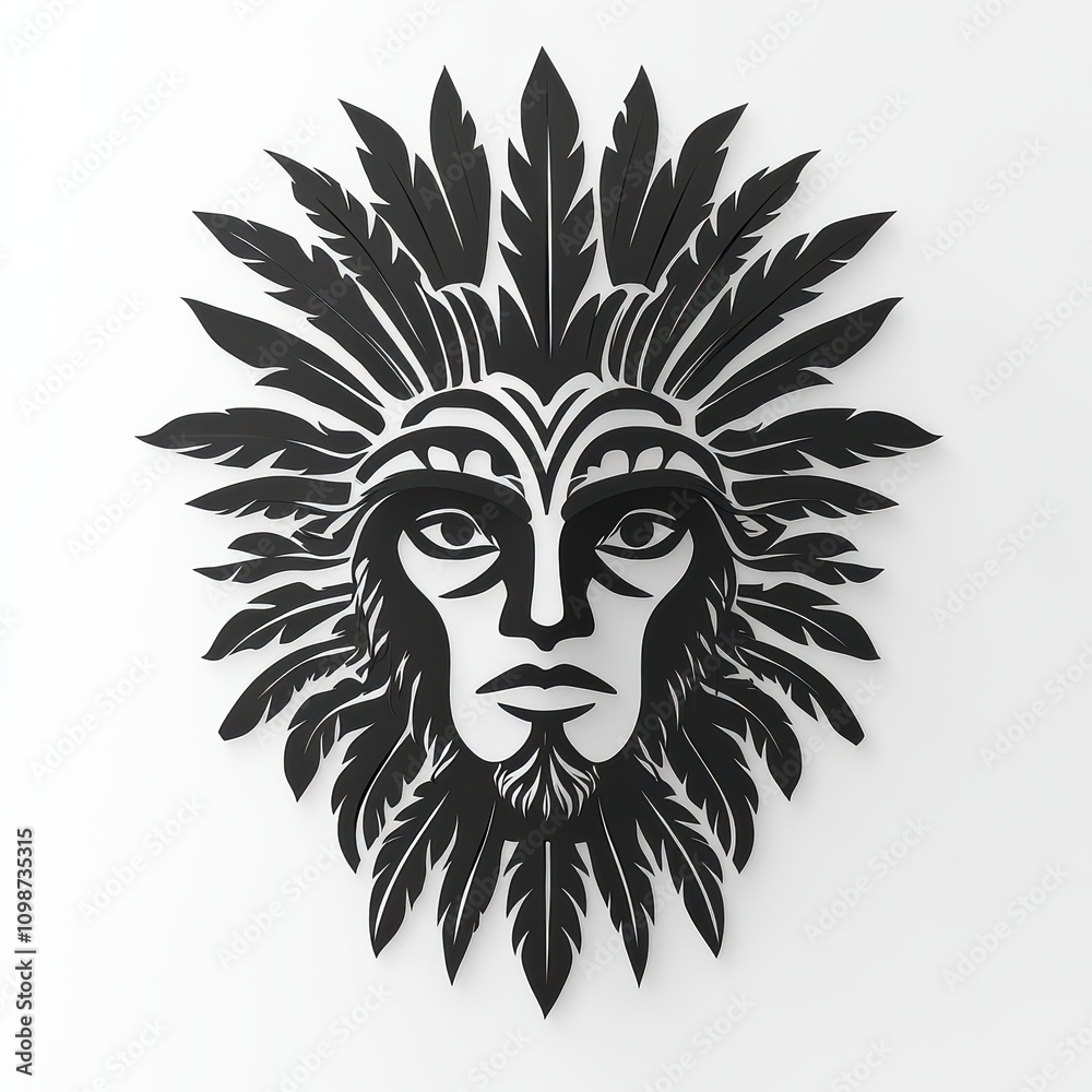 Fototapeta premium This artwork showcases a striking tribal face design in black and white, featuring detailed facial features and a feathered headdress. The piece adds a dramatic touch to any space