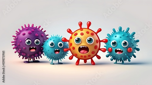 set of 3d cute cartoon disease, viruses, bacteria, isolated on white background