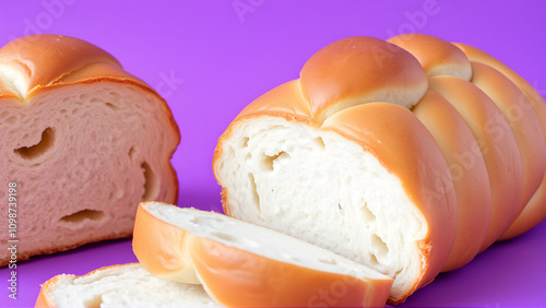 Challah bread isolated on purple background. Sliced braided bread.