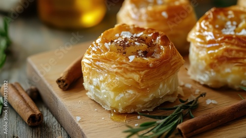 Closeup mini cheese pies with myzithra, cretan honey and cinnamon. photo