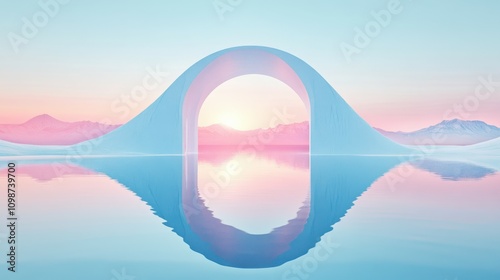 abstract panoramic background, northern futuristic landscape, fantastic scenery with calm water, simple geometric mirror arches and pastel blue gradient sky. Minimal zen aesthetic wallpaper