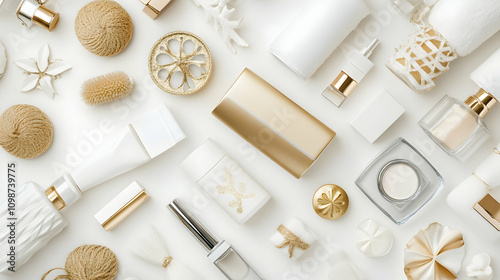 A clean and minimal flat-lay of white and gold skincare packaging, including bottles and boxes, set on a textured white background for an elegant look.

 photo