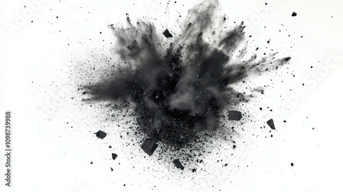 Charcoal powder explosion, realistic bamboo coal or carbon powder splash of piece particles, white background. Black charcoal explosion in macro closeup of floating coals with dust cloud