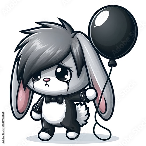 sad bunny rabbit with long floppy ears, letting go of a black balloon and walking away, symbol of a broken heart