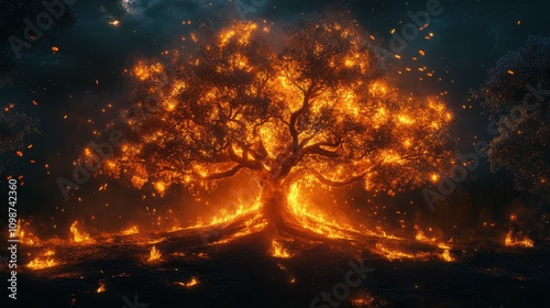 fire burning tree in the middle at night photo