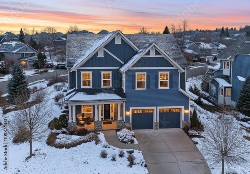 Snow-covered home decorated for the holidays
