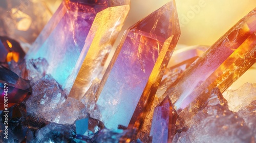 Crystal fragments with iridescent colors and reflected light in an abstract closeup photo