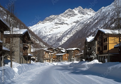 A winter landscape with snow-covered chalets, on the back summits of Dom, 4545m, and Matterhorn, 4478m, in the Aletsch area, Upper Valais, Valais, Switzerland, Europe photo