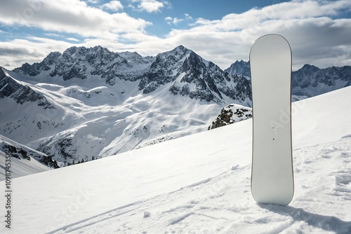 Minimalist snowboard template standing upright on snowy mountain background, ideal for design mockups, travel and hotel advertising. photo