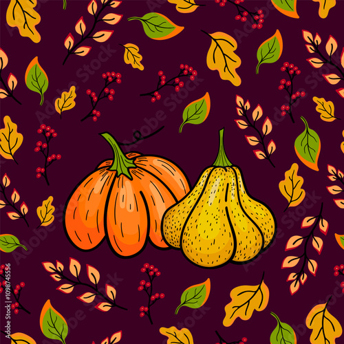 Seamless autumn pattern. Hand drawn yellow and orange pumpkins and bright leaves on dark violet background. Design for Halloween holiday costume, greeting card, banner, party invitation. 