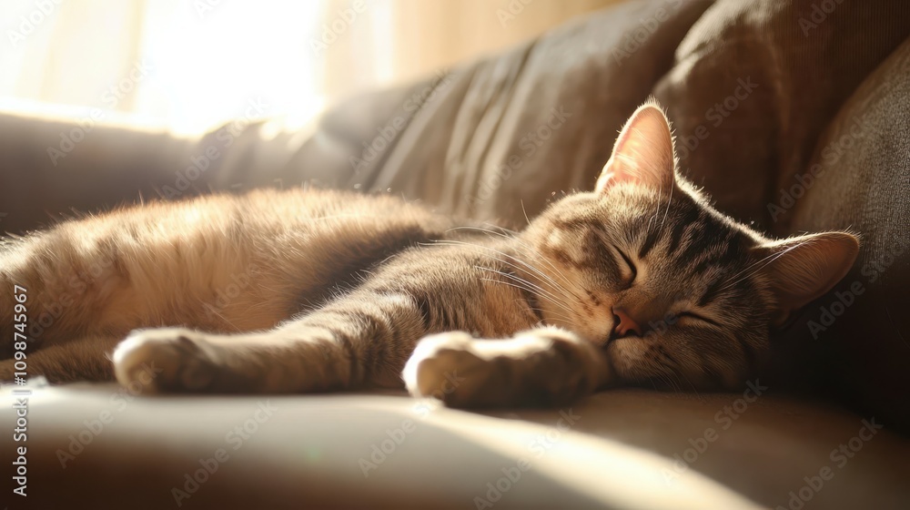 Fototapeta premium Cat sleeping on a sofa enjoying the warm sunlight in a room.