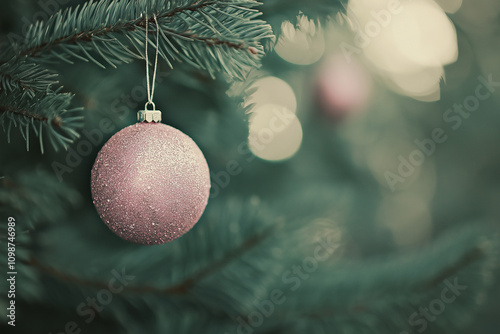 Eine glitzernde rosa Weihnachtskugel hängt an einem grünen Tannenzweig. Die Szene ist minimalistisch und elegant, mit einem weichen Bokeh-Hintergrund, der die weihnachtliche Atmosphäre unterstreicht