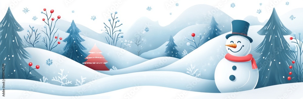 Fototapeta premium Winter snow landscape banner background with fir trees and snowman. Design for poster, cover, or advertising.