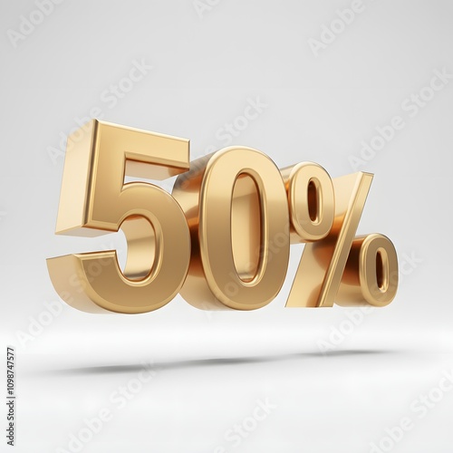 3D bold text showing '50%' in metallic gold, featuring a luxurious finish with subtle rim lighting and a floating shadow, isolated against a pure white solid background. A modern, high-quality promoti photo