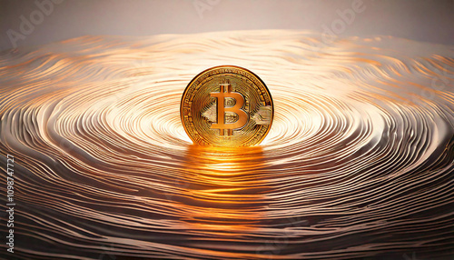 Wallpaper Mural Bitcoin cryptocurrency coin sinking in golden abstract wavy landscape, creating ripples and suggesting financial instability or market fluctuation Torontodigital.ca