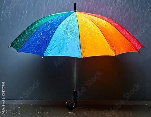 Colorful umbrella standing on wet ground during heavy rain, offering protection and shelter from the elements