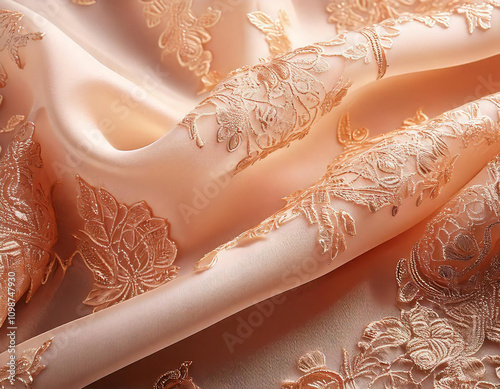Peach colored fabric with an exquisite embroidered floral pattern flows gently, creating luxurious folds and showcasing the intricate needlework