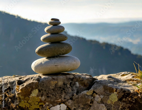 Pebbles stacked in perfect balance on a rock overlooking a peaceful mountain valley