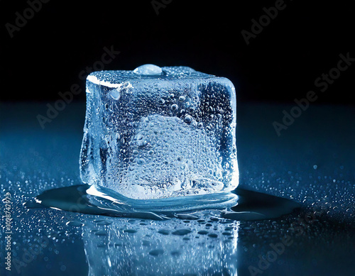Ice cube melting on a dark reflective surface with condensation and water droplets, creating a refreshing and cool visual