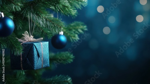 Christmas Tree In Bauble Hanging Fir Branch With Gift Boxes In Blue Abstract Night
