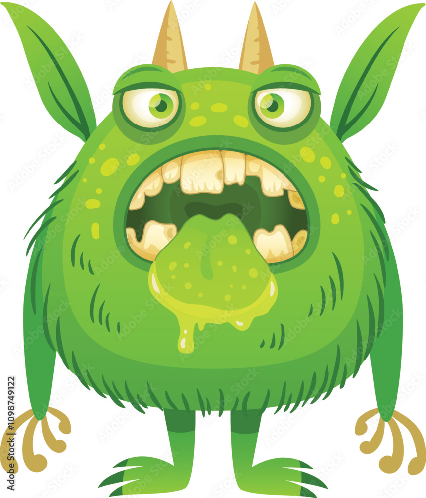 Fototapeta premium Funny cartoon green monster sticking out its tongue with saliva dripping, featuring horns, claws, and green fur, ideal for children s illustrations, halloween designs, or fantasy projects.