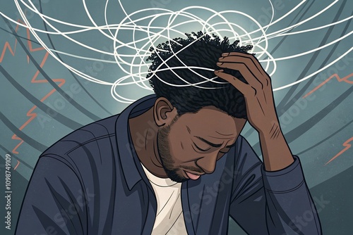 A man overwhelmed by overthinking, his hair tangled in wires symbolizing mental chaos.