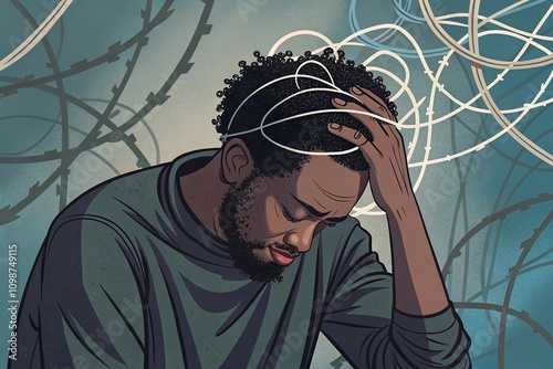 A man overwhelmed by overthinking, his hair tangled in wires symbolizing mental chaos.