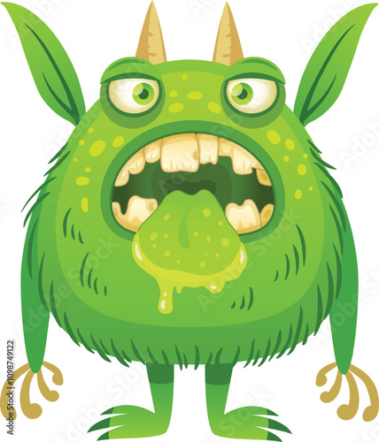 Funny cartoon green monster sticking out its tongue with saliva dripping, featuring horns, claws, and green fur, ideal for children s illustrations, halloween designs, or fantasy projects.