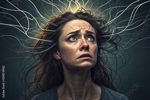 A woman overwhelmed by overthinking, her hair tangled in wires symbolizing mental chaos.	