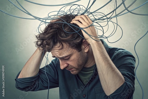 A man overwhelmed by overthinking, his hair tangled in wires symbolizing mental chaos.