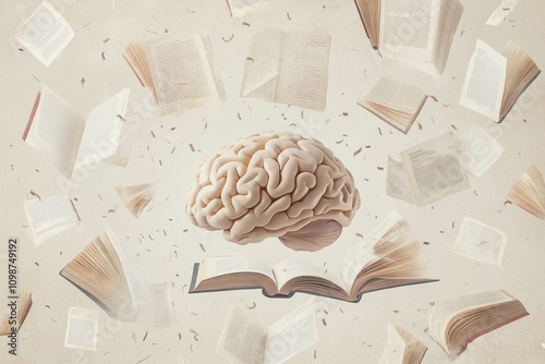 A brain floats above open books with pages flying around, illustrating the connection between thought and the pursuit of knowledge. Generative AI photo