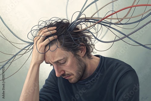A man overwhelmed by overthinking, his hair tangled in wires symbolizing mental chaos.