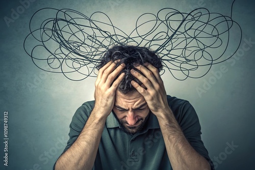 A man overwhelmed by overthinking, his hair tangled in wires symbolizing mental chaos.