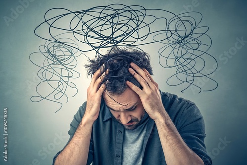 A man overwhelmed by overthinking, his hair tangled in wires symbolizing mental chaos.