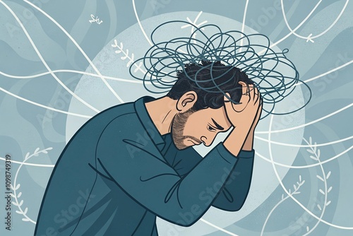 A man overwhelmed by overthinking, his hair tangled in wires symbolizing mental chaos.